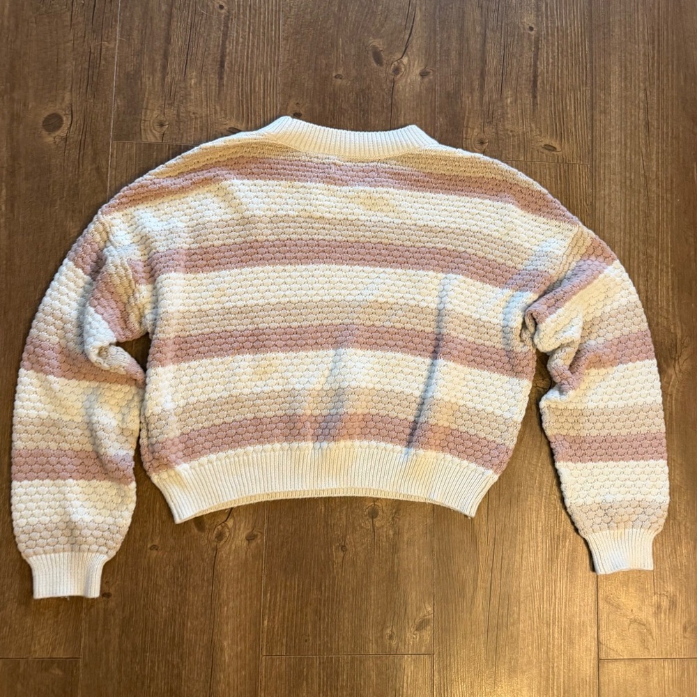 Hollister Striped Cropped Sweater Womens XS Pink Cream Tan Textured Knit Top - Picture 7 of 11